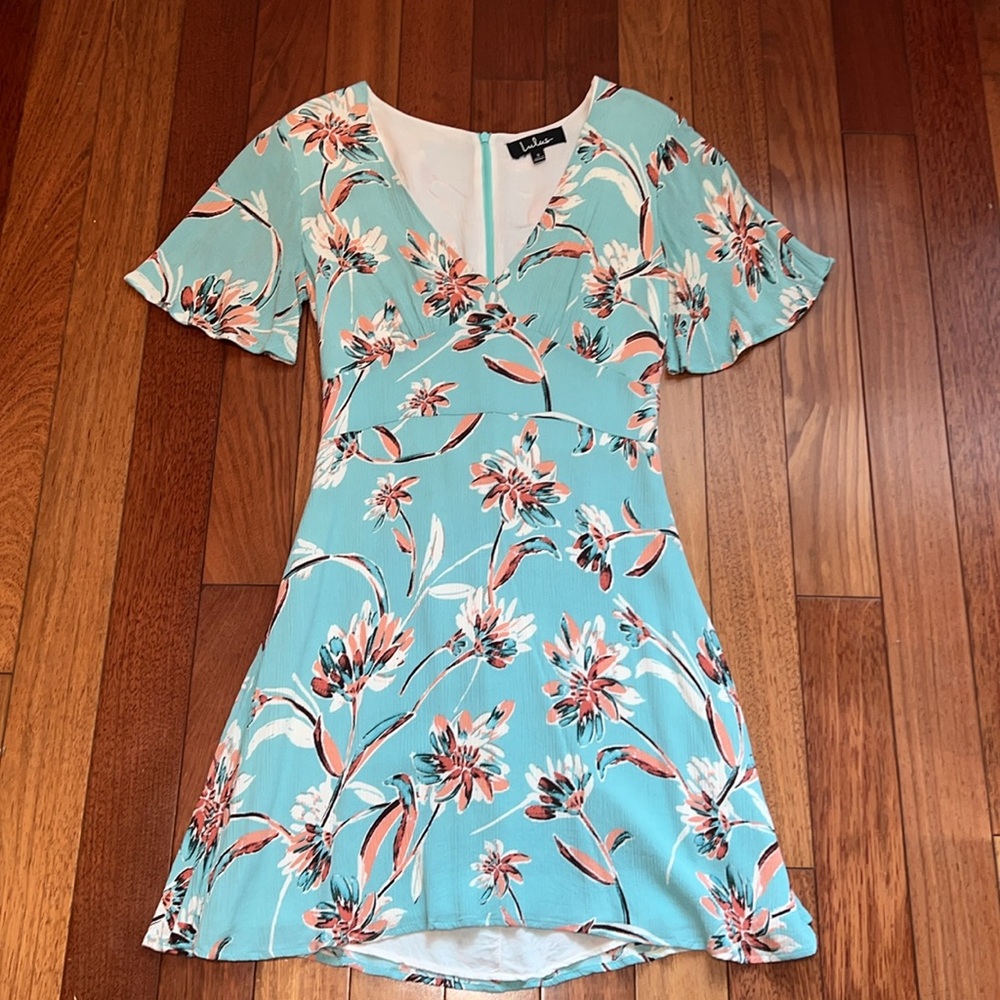 Lulus Floret Aqua Floral Print Short Sleeve Dress (40% Dd) Blue - Size Small